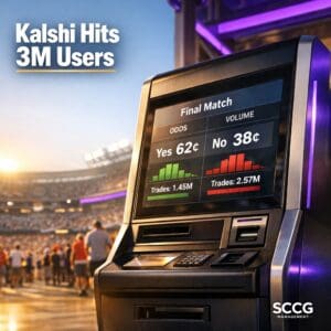 Self-service betting terminal on a vibrant World Cup stadium concourse with live prediction market odds and surging volume displayed on screen.