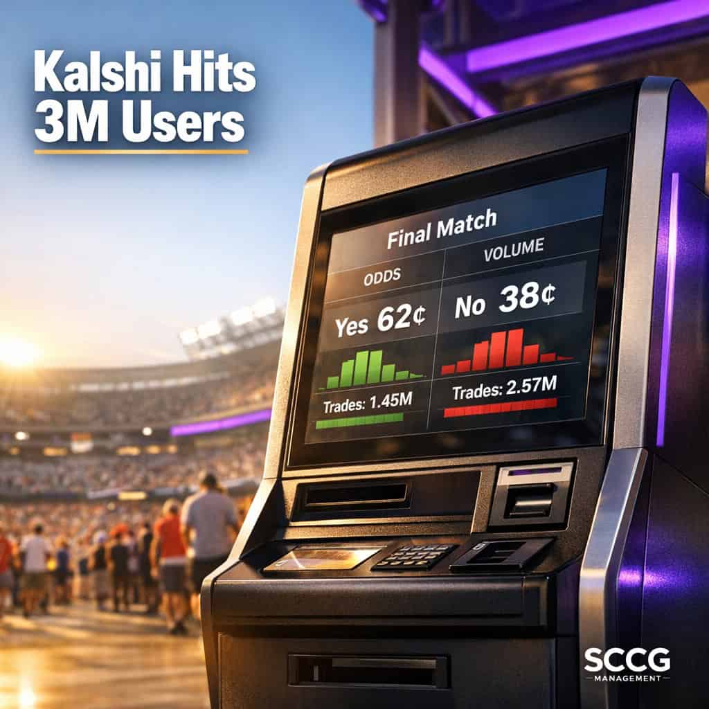 Self-service betting terminal on a vibrant World Cup stadium concourse with live prediction market odds and surging volume displayed on screen.