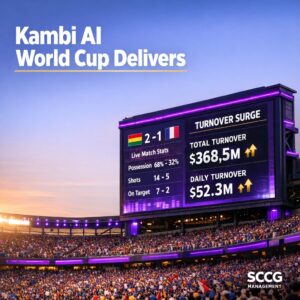 Glowing stadium jumbotron displaying live World Cup analytics and surging betting turnover figures against a vibrant packed arena at golden hour.