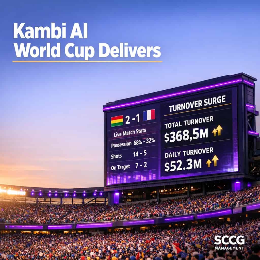 Glowing stadium jumbotron displaying live World Cup analytics and surging betting turnover figures against a vibrant packed arena at golden hour.