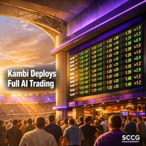 Large glowing sportsbook odds board displaying live AI-traded lines inside a packed bright stadium concourse during the 2026 World Cup.
