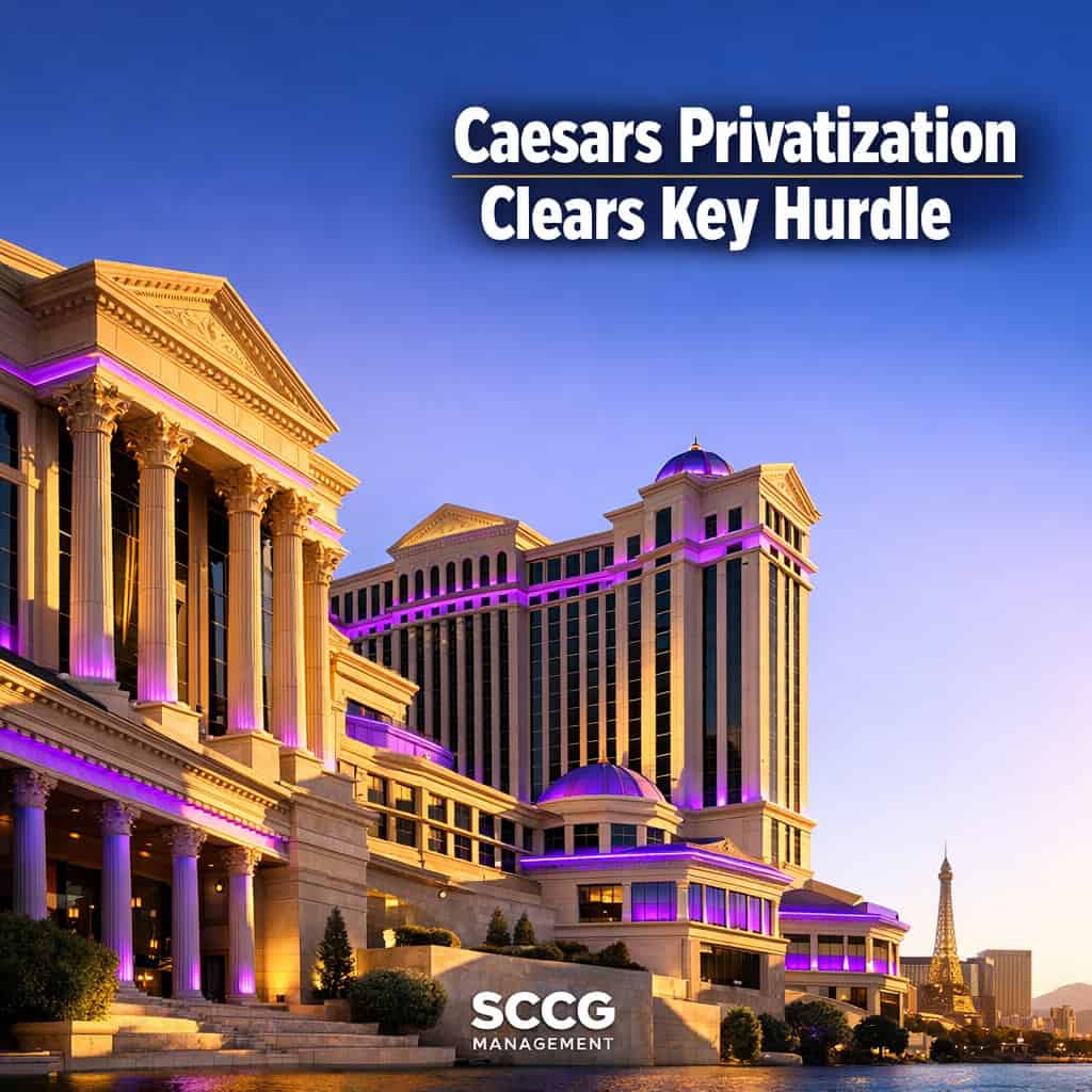 Grand Caesars Entertainment casino resort exterior captured from a low dramatic angle in bright commanding daylight.