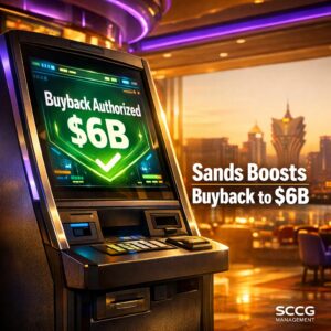 Self-service betting terminal on a bright casino floor displays green confirmation of Las Vegas Sands six billion dollar share buyback authorization.