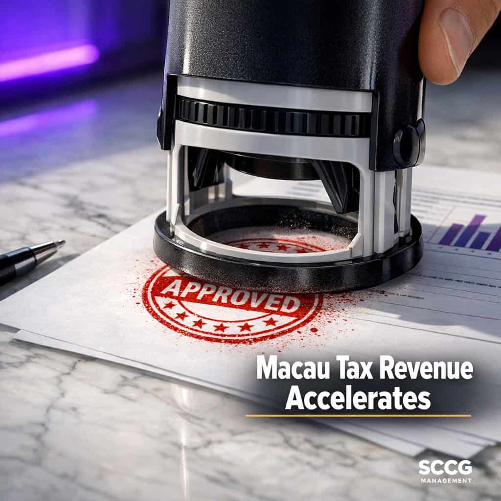 Official government stamp pressing down on a financial report recording Macau gaming tax revenue growth under bright directional light.