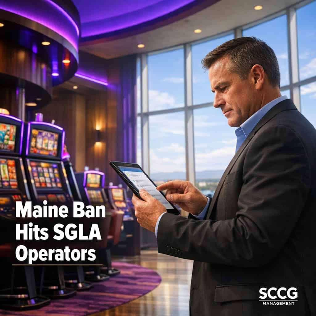 Compliance officer reviewing digital checklist on tablet amid bright slot machines on active Maine casino floor.