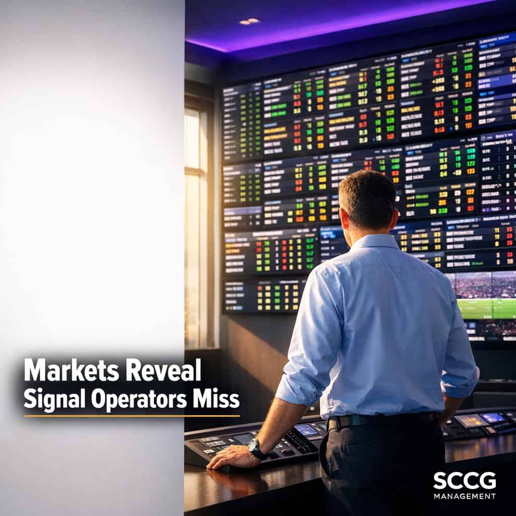 Analyst monitoring multiple live-odds screens in a bright operations room, highlighting how prediction markets feed real-time signals into gaming decisions.