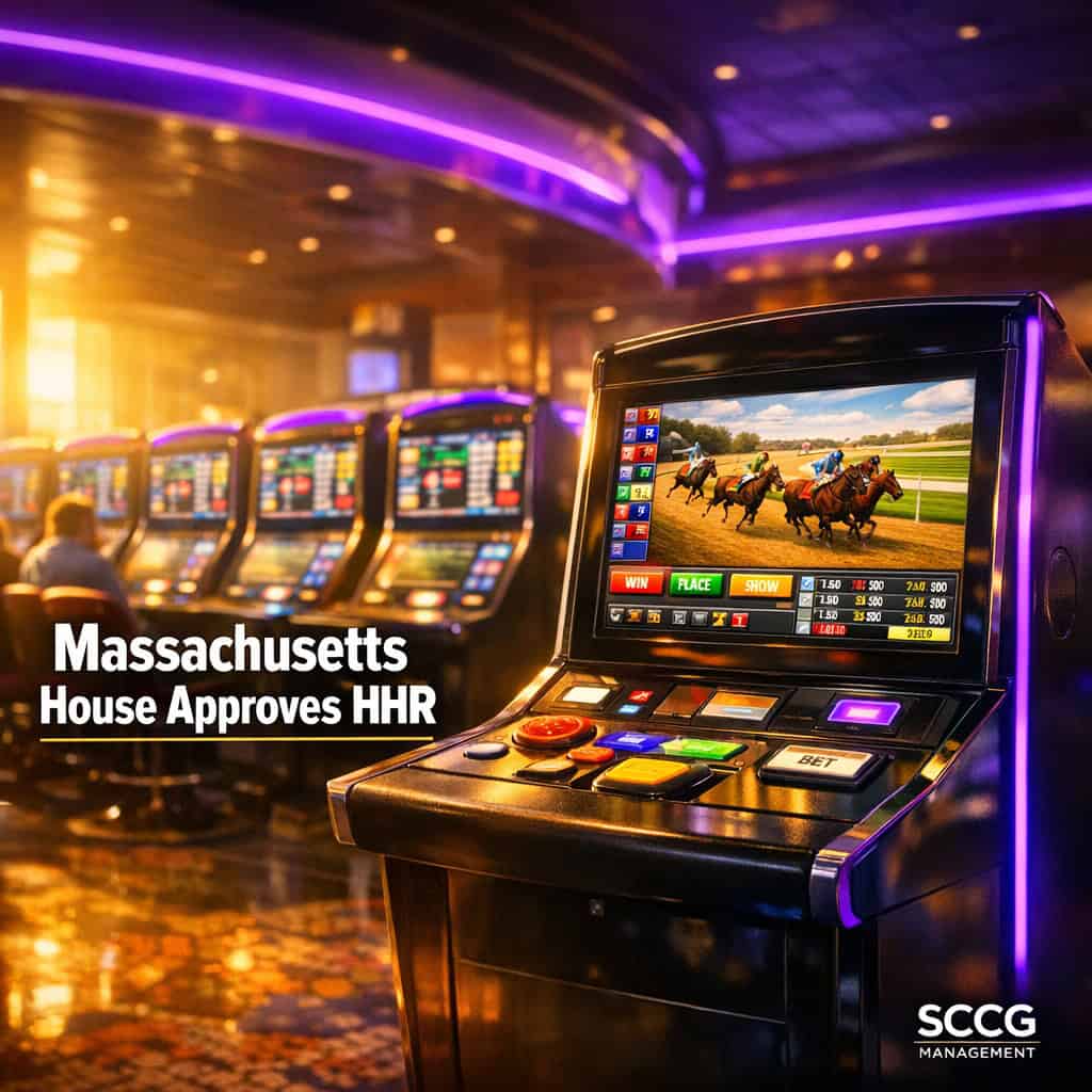Row of historical horse racing machines brightly lit on an active racetrack gaming floor with vibrant screens showing race results.