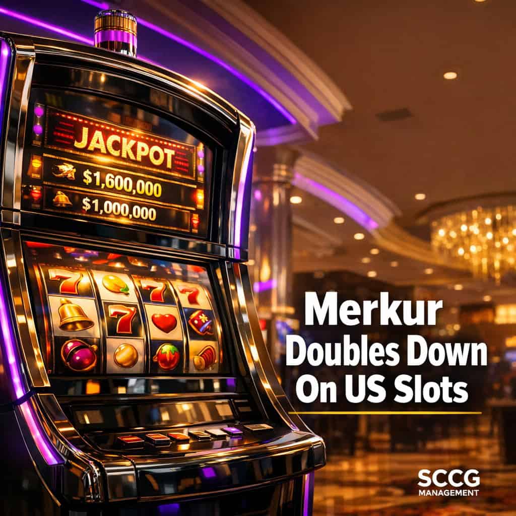Merkur Group Acquires White Hat Studios to Scale Regulated US Slot Portfolio 1 Modern slot machine with vibrant spinning reels illuminated on a bright regulated US casino floor.