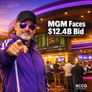 Steve stands confidently on a vibrant MGM casino floor before a glowing sportsbook odds board as patrons place bets under bright golden light.