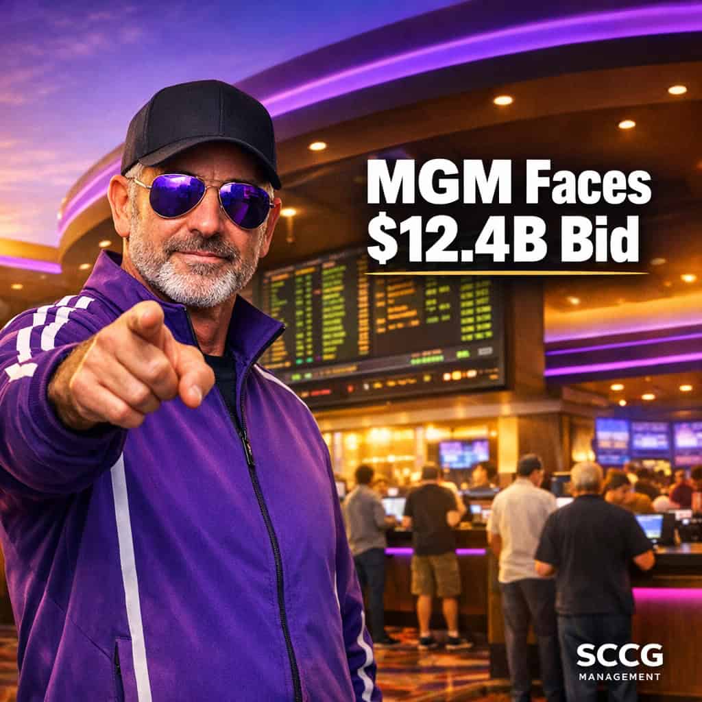 Steve stands confidently on a vibrant MGM casino floor before a glowing sportsbook odds board as patrons place bets under bright golden light.