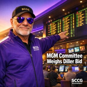 Barry Diller stands confidently on a vibrant MGM casino floor pointing toward glowing sportsbook odds boards as special committee reviews his $48.30 per share takeover bid.