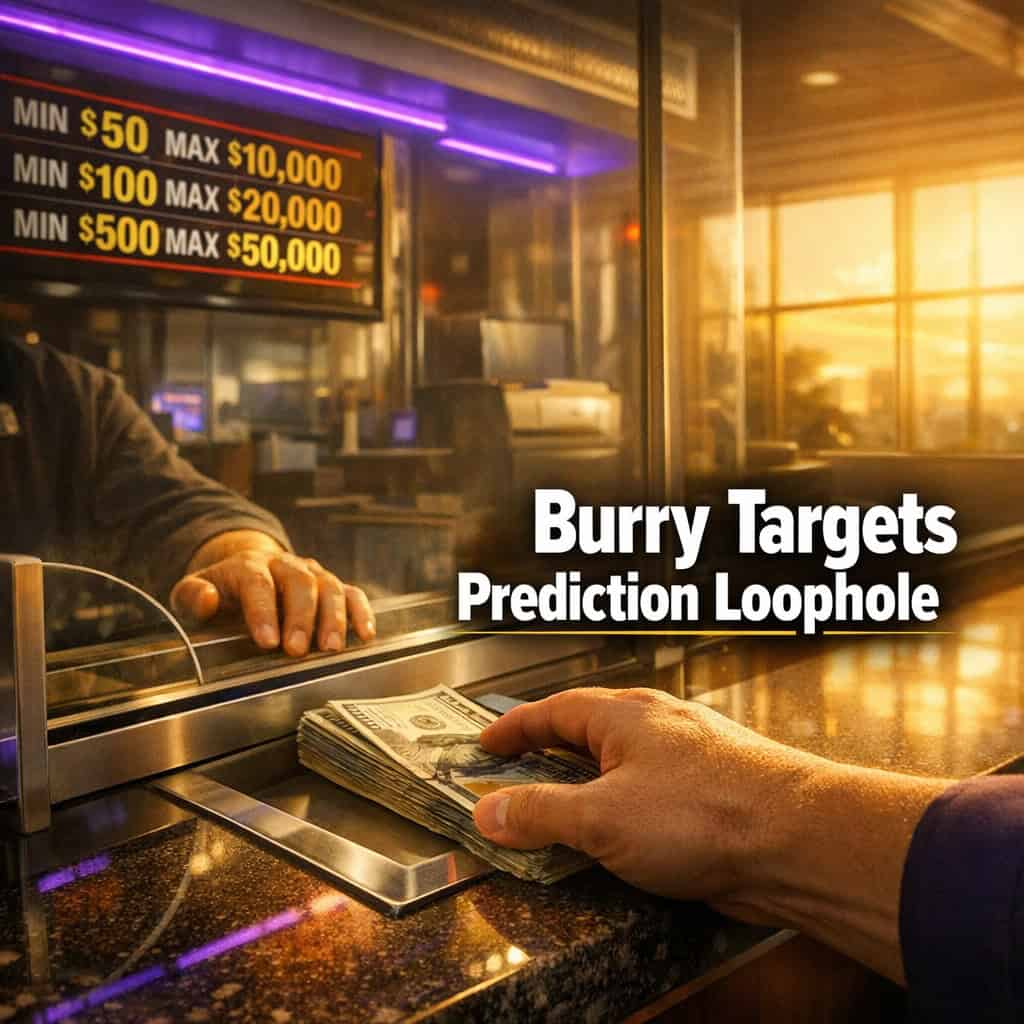 Casino cash cage mid-transaction under bright golden light with electronic betting limits display, capturing the regulatory arbitrage tension between prediction markets and taxed sportsbooks.