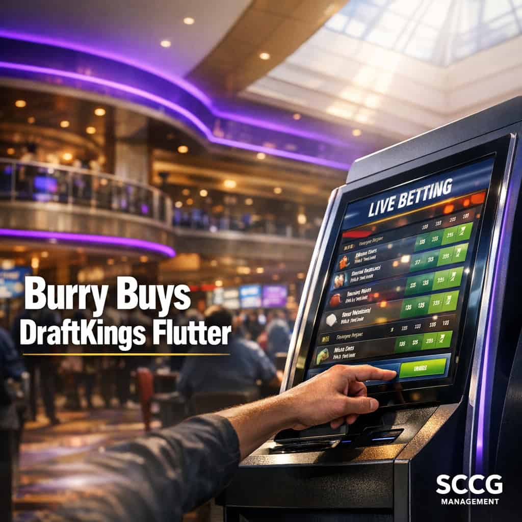 Hand placing a live bet on a glowing self-service sports betting terminal in a bright casino concourse.