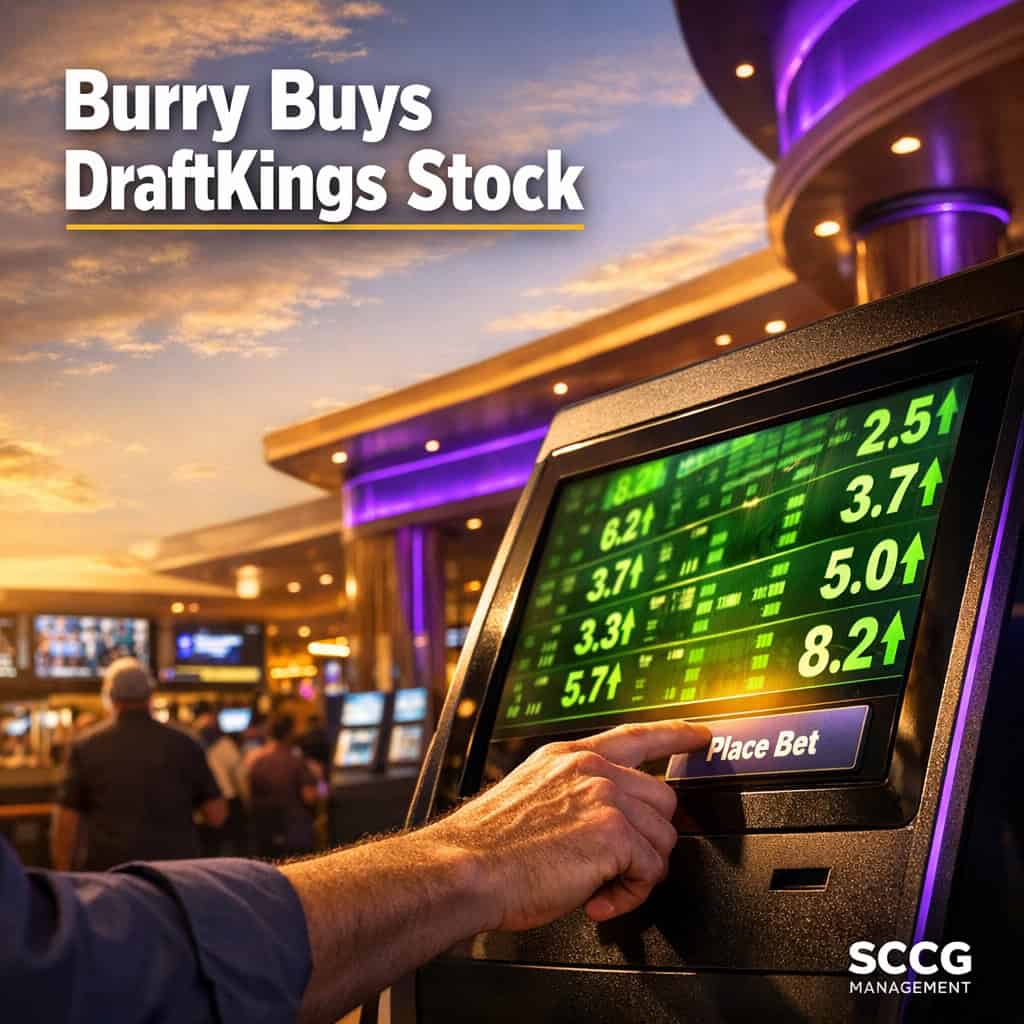 Hand placing a live bet at a self-service sports betting terminal with surging green odds on a busy casino concourse.