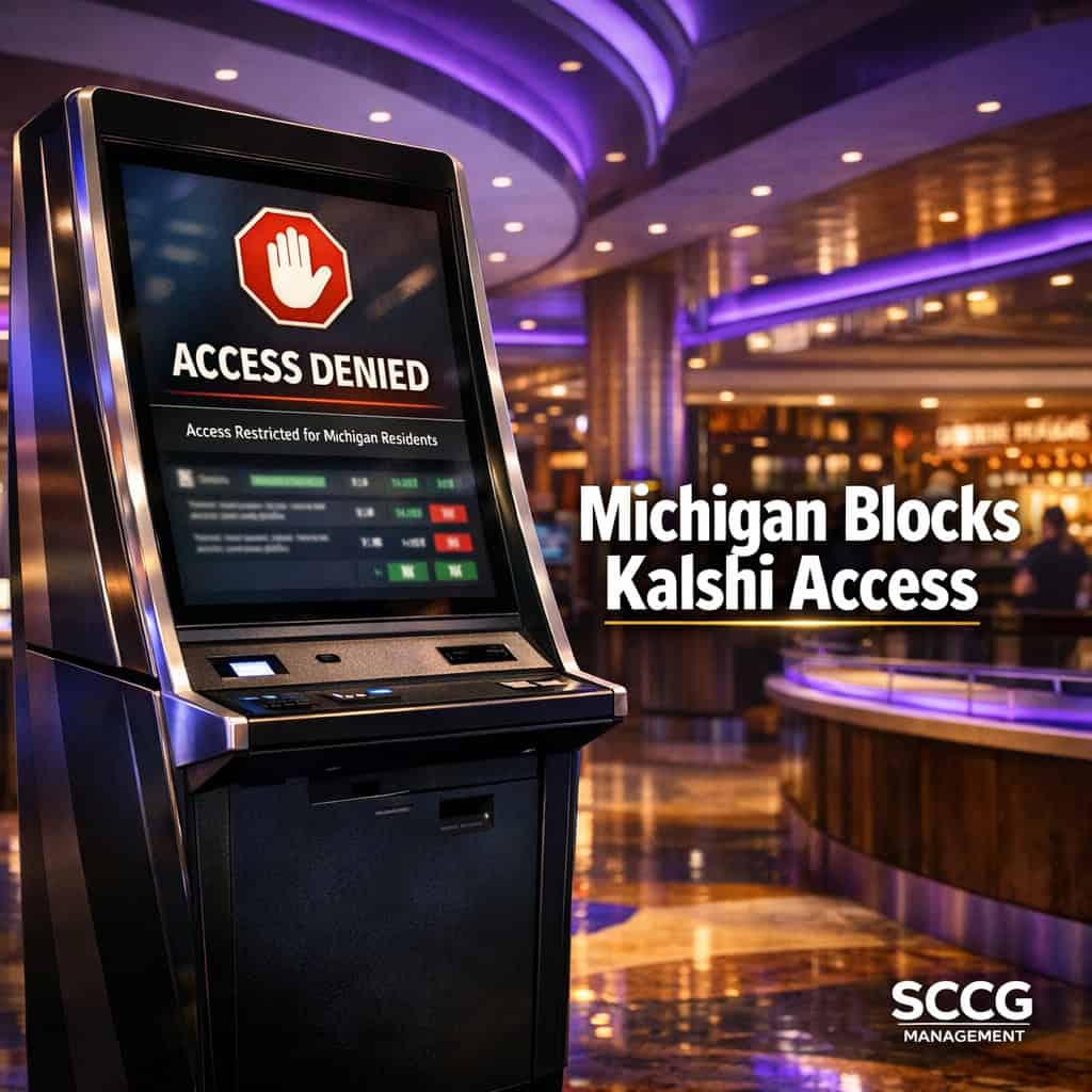 A modern betting kiosk on a casino concourse displays a blocked access message for Michigan residents on its prediction market screen.
