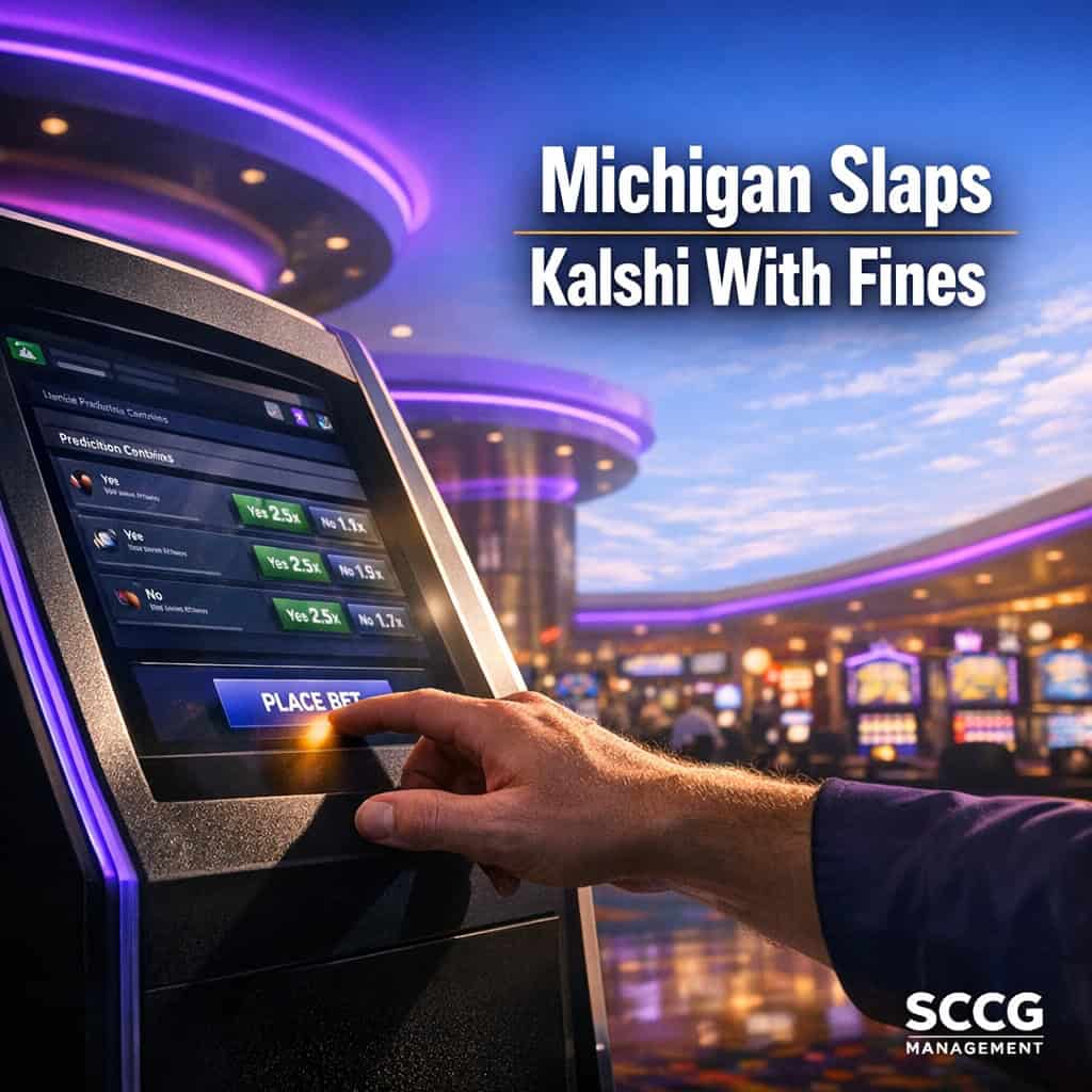Self-service betting kiosk on a busy Michigan casino floor with a hand placing a sports prediction bet on the glowing screen.