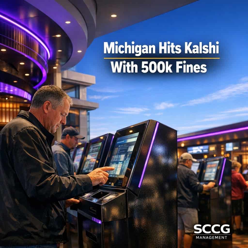 Busy casino concourse with modern betting kiosk where Michigan patrons place wagers under bright daylight.