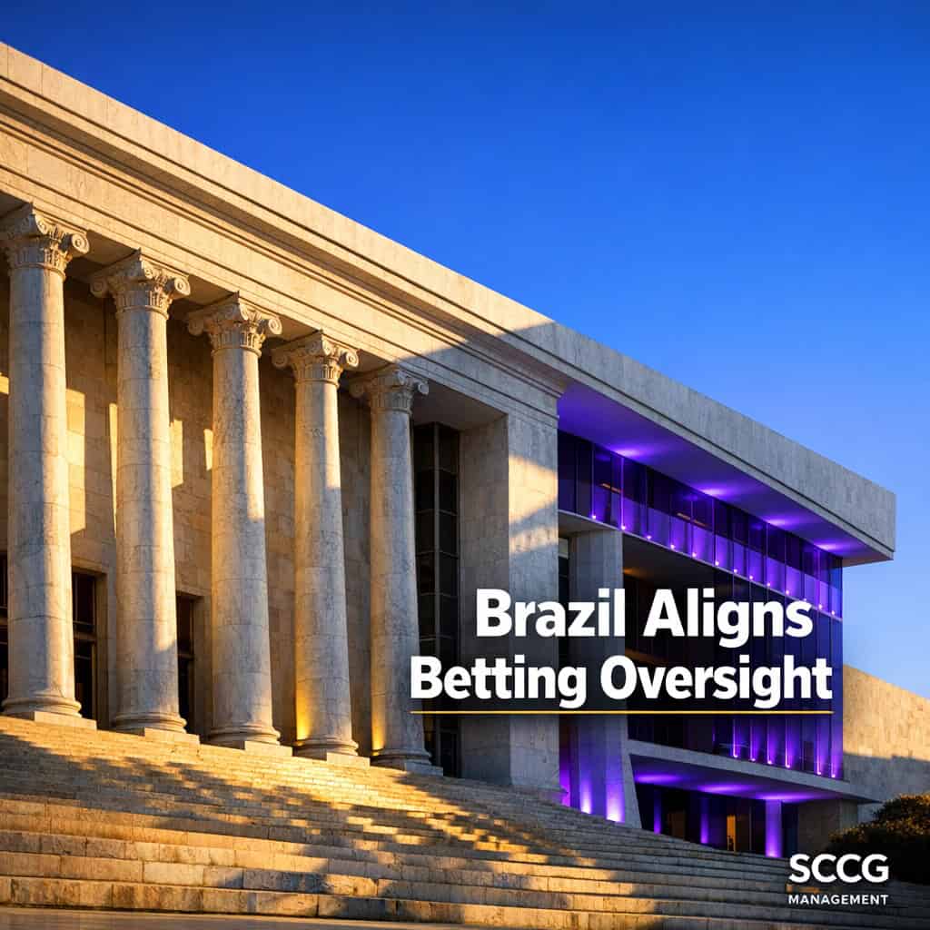 Grand facade of Brazil's Supreme Federal Court bathed in bright golden sunlight with dramatic shadows and clear blue sky.