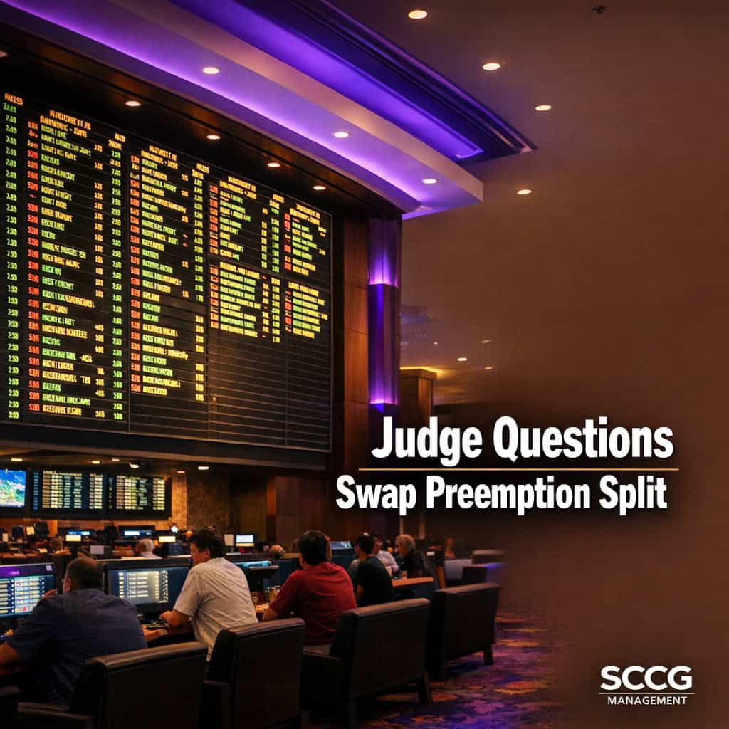 A brightly lit sportsbook odds board showing prediction market contracts on a busy casino floor.