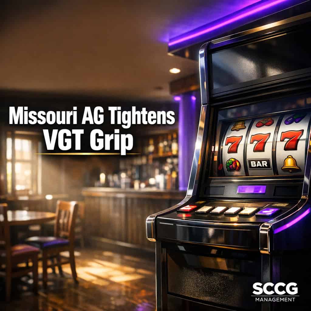 Video gaming terminal inside a Missouri bar with screen frozen on spinning reels under bright daylight, evoking the attorney general's crackdown on illegal VGT gambling.