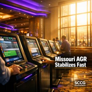 Busy Missouri casino floor with glowing self-service betting kiosks under bright golden hour light as sports betting handle stabilizes.