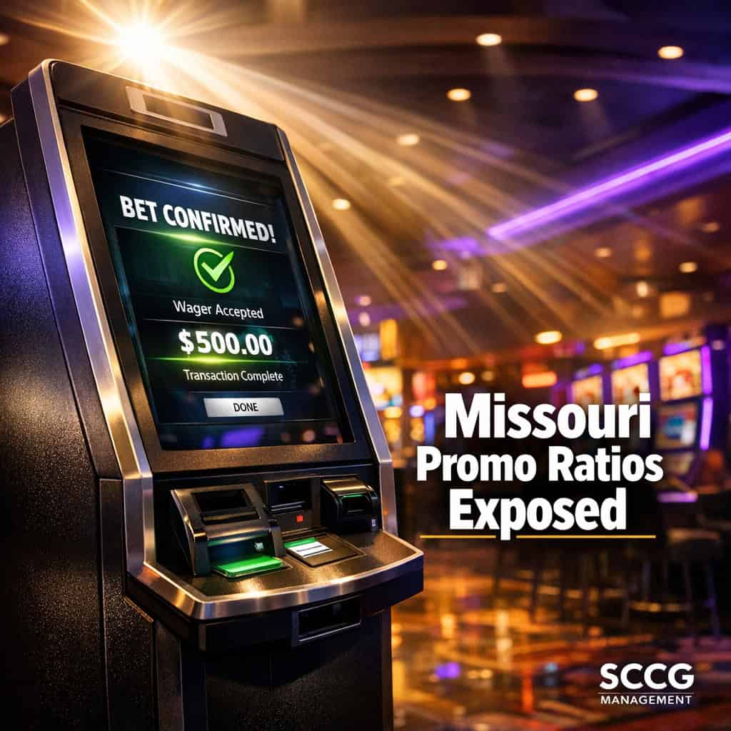 Self-service sports betting kiosk on a bright Missouri casino floor displaying a live transaction confirmation.