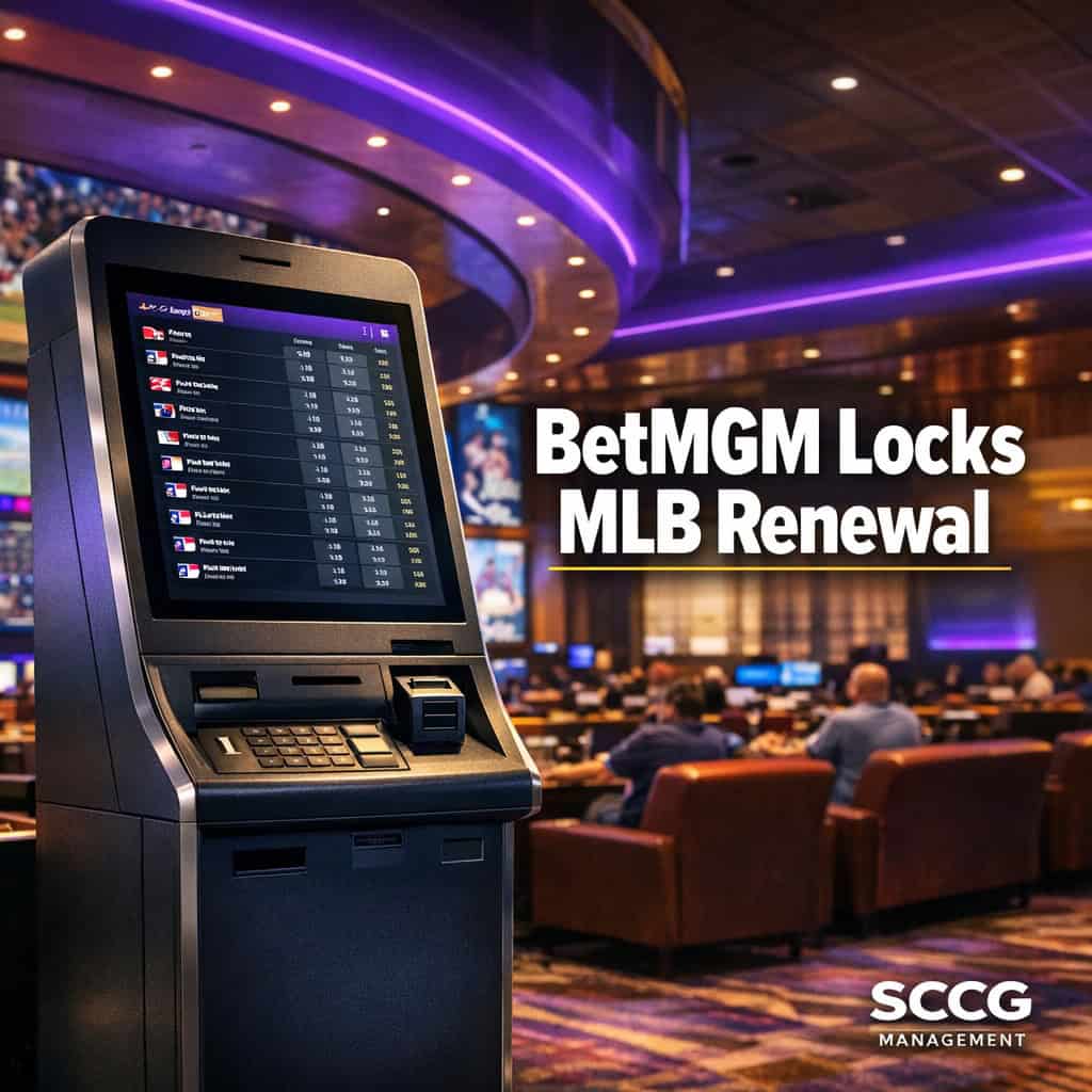 Self-service betting terminal on a casino floor screen showing live MLB odds in bright daylight.