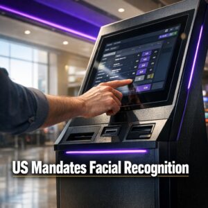 Self-service betting kiosk on a bright concourse showing a hand placing a live bet under US facial recognition mandates.