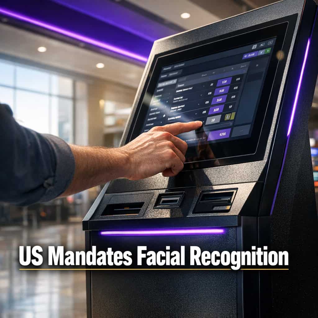 Self-service betting kiosk on a bright concourse showing a hand placing a live bet under US facial recognition mandates.