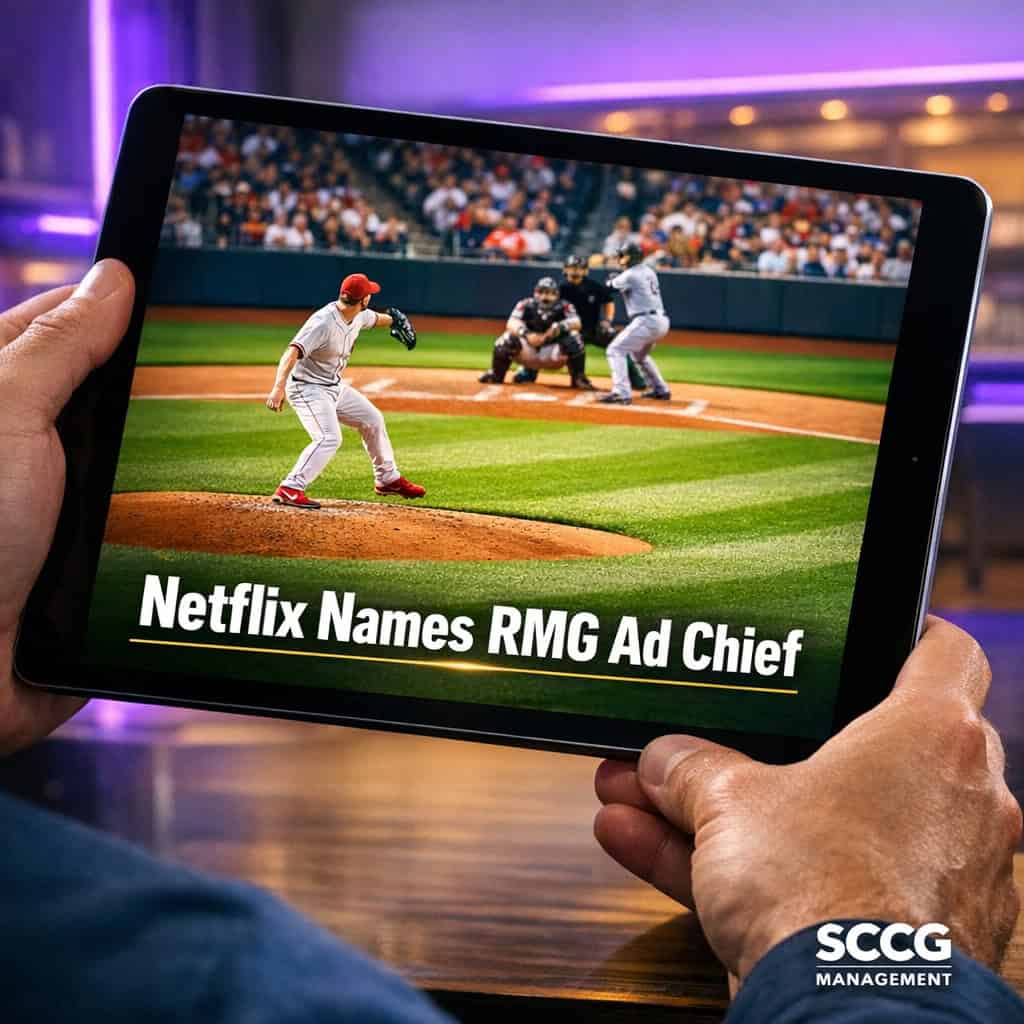 Tablet displaying a live MLB baseball game streaming on the Netflix interface under bright directional light.