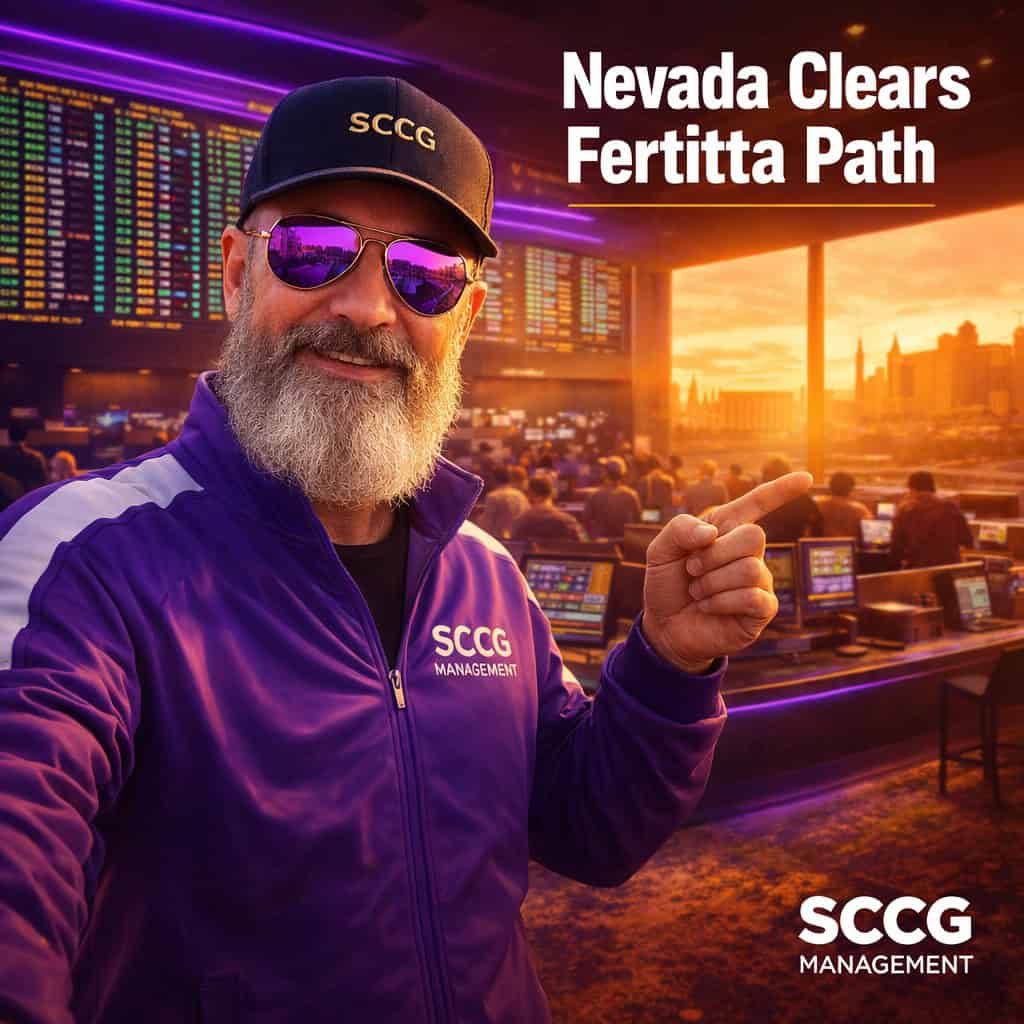 Regulator in purple SCCG jacket stands commandingly in a vibrant Nevada casino sportsbook pointing toward the busy betting action as Nevada clears Fertitta path for Caesars acquisition.