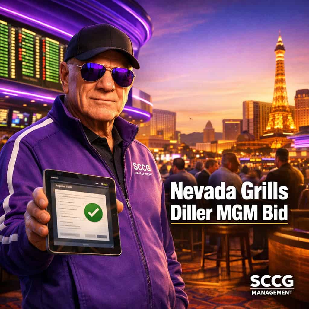 Barry Diller stands on a bustling Las Vegas casino floor holding a regulatory approval tablet, with a busy sportsbook counter and glowing odds board behind him.