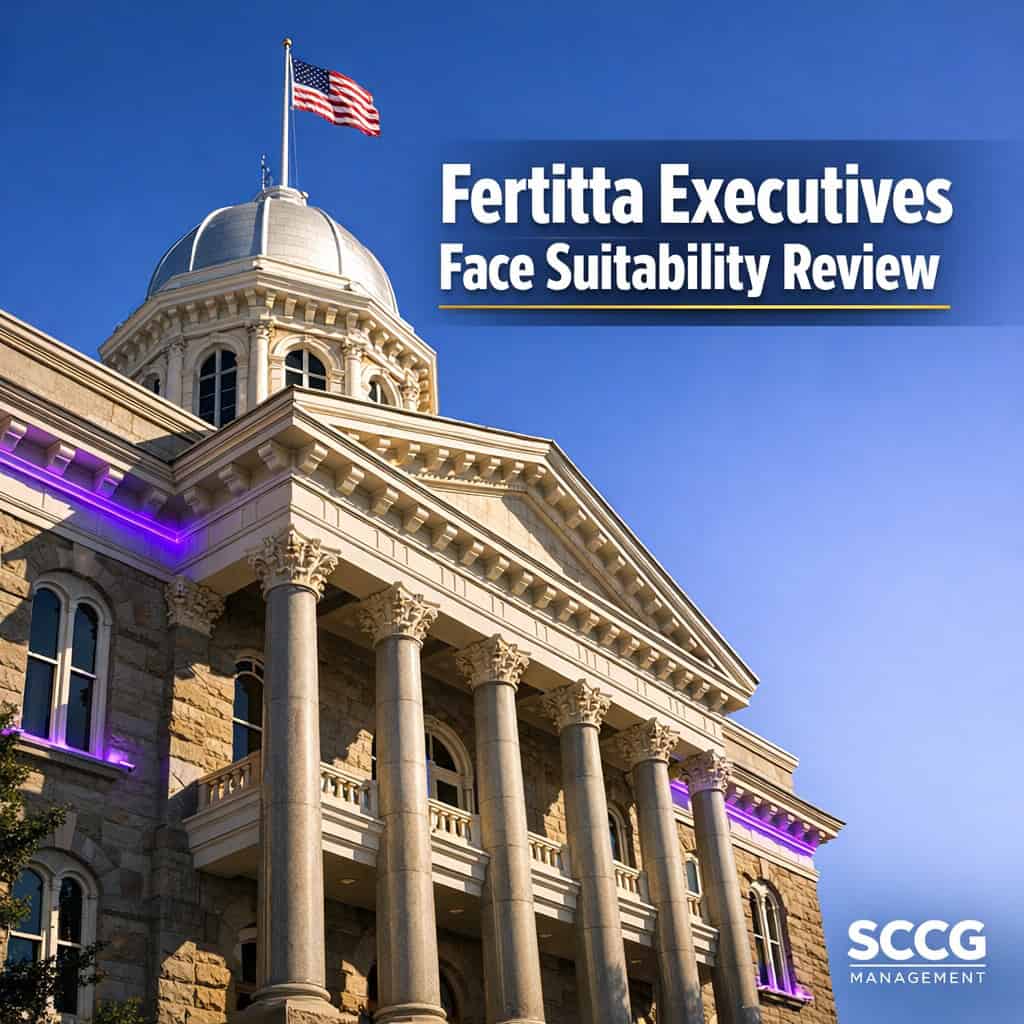 Nevada State Capitol building bathed in bright commanding daylight, conveying regulatory authority over Fertitta Entertainment directors' suitability review tied to the Caesars deal.