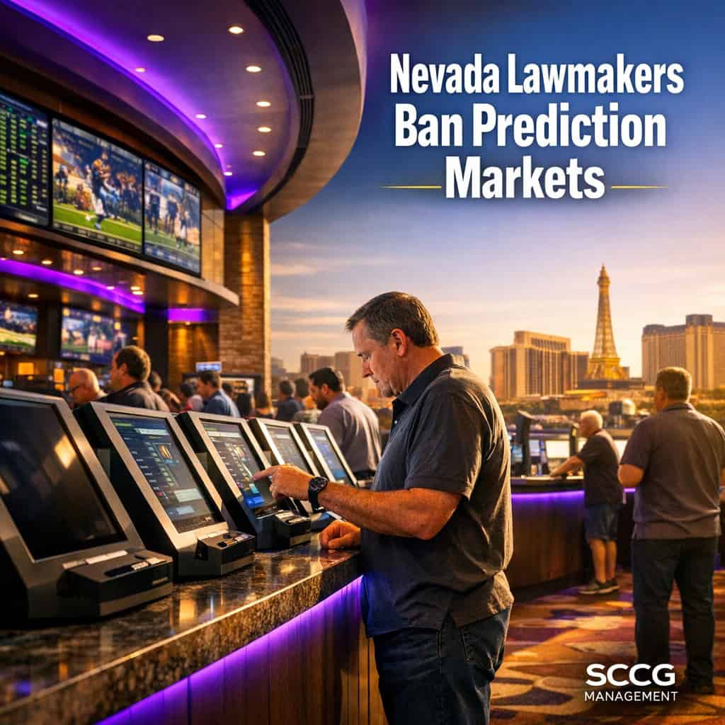 Busy Nevada casino sportsbook counter with patrons actively placing bets at self-service terminals under bright vibrant lighting.