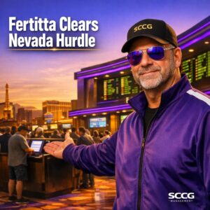 Tilman Fertitta in SCCG purple track jacket stands confidently on a vibrant Las Vegas casino floor presenting toward the busy sportsbook counter after Nevada regulators approve his Caesars Entertainment acquisition.