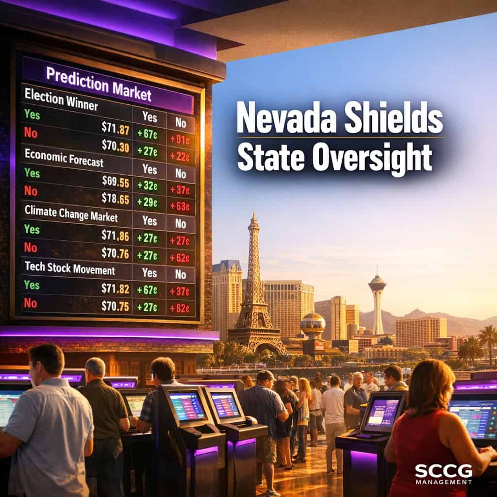 Large glowing sportsbook odds board with prediction market lines above a busy Nevada casino floor with active betting kiosks.
