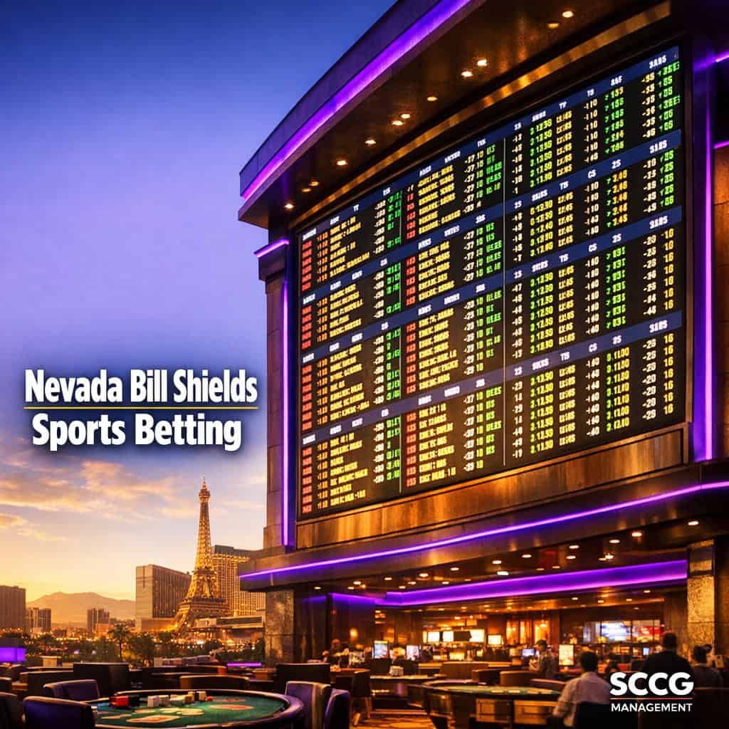 Large glowing sportsbook odds board displaying live betting lines above a busy casino floor in bright directional sunlight.