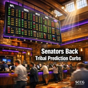 Large glowing sportsbook odds board suspended above a busy tribal casino floor with patrons actively placing bets.