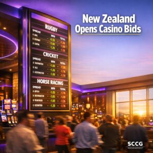 Glowing digital odds board displaying live betting lines inside a vibrant New Zealand casino floor bathed in golden hour light.
