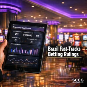 Busy sportsbook counter on a vibrant regulated casino floor with a hand placing a bet at a self-service terminal under bright directional light.