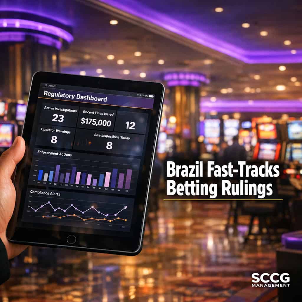 Busy sportsbook counter on a vibrant regulated casino floor with a hand placing a bet at a self-service terminal under bright directional light.