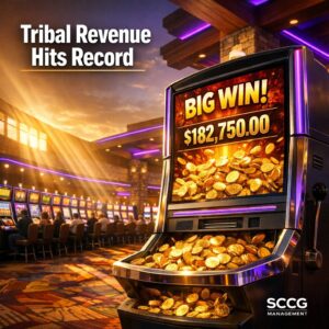 Busy tribal casino slot floor bathed in golden sunlight with a prominent electronic gaming machine showing a large winning payout.