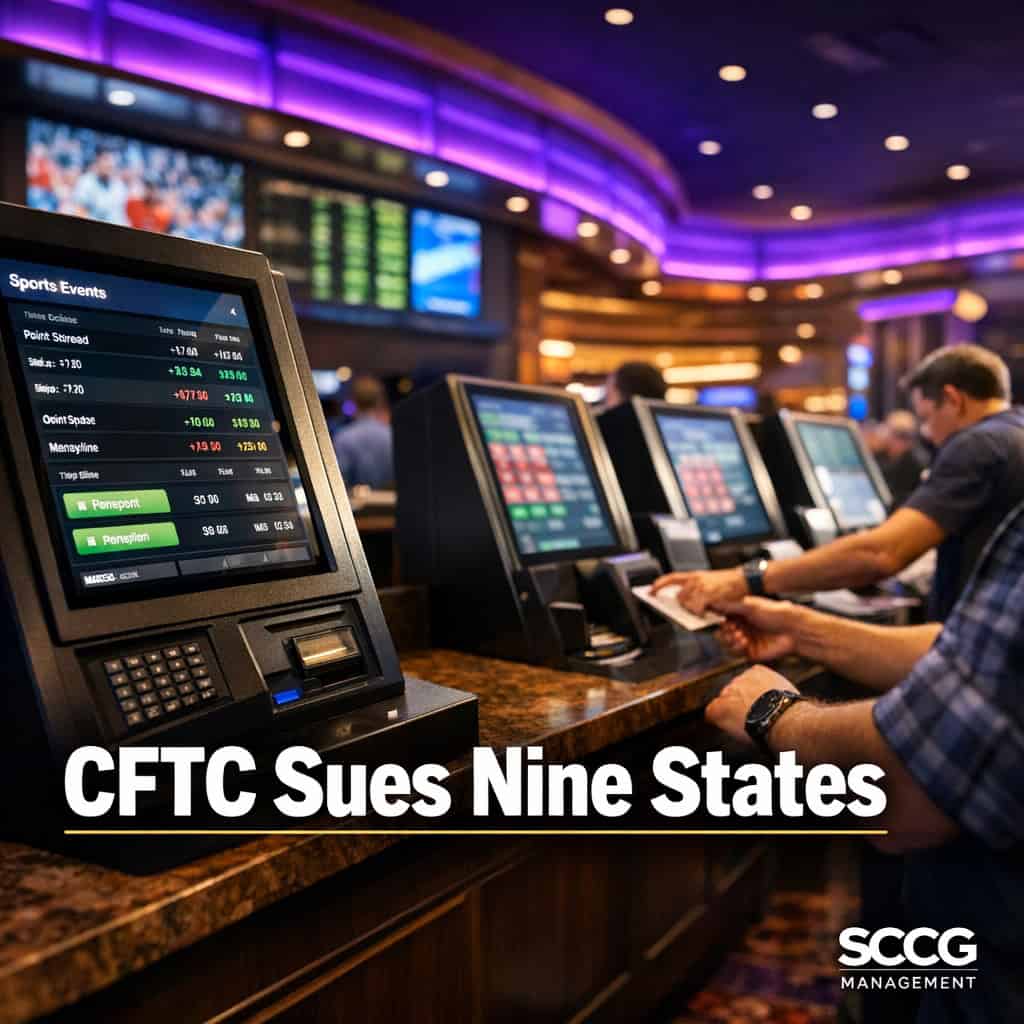 Busy sportsbook counter with active betting terminals displaying live prediction market odds on a bright casino floor.
