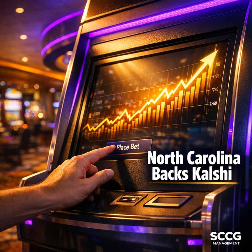 Busy prediction market betting kiosk on a vibrant casino floor with a hand placing a live bet on the glowing screen showing surging lines.