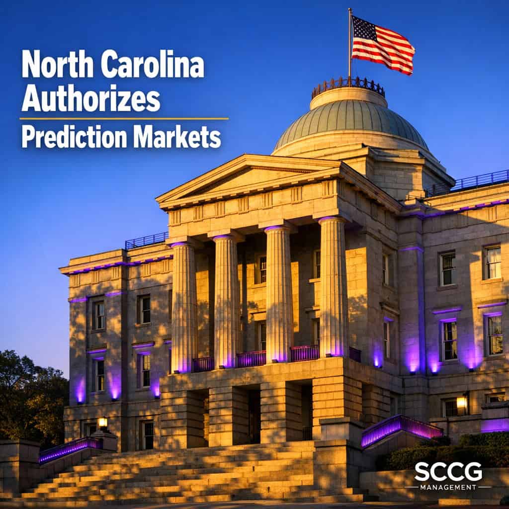 North Carolina State Capitol building bathed in bright sunlight with the American flag flying above the dome.