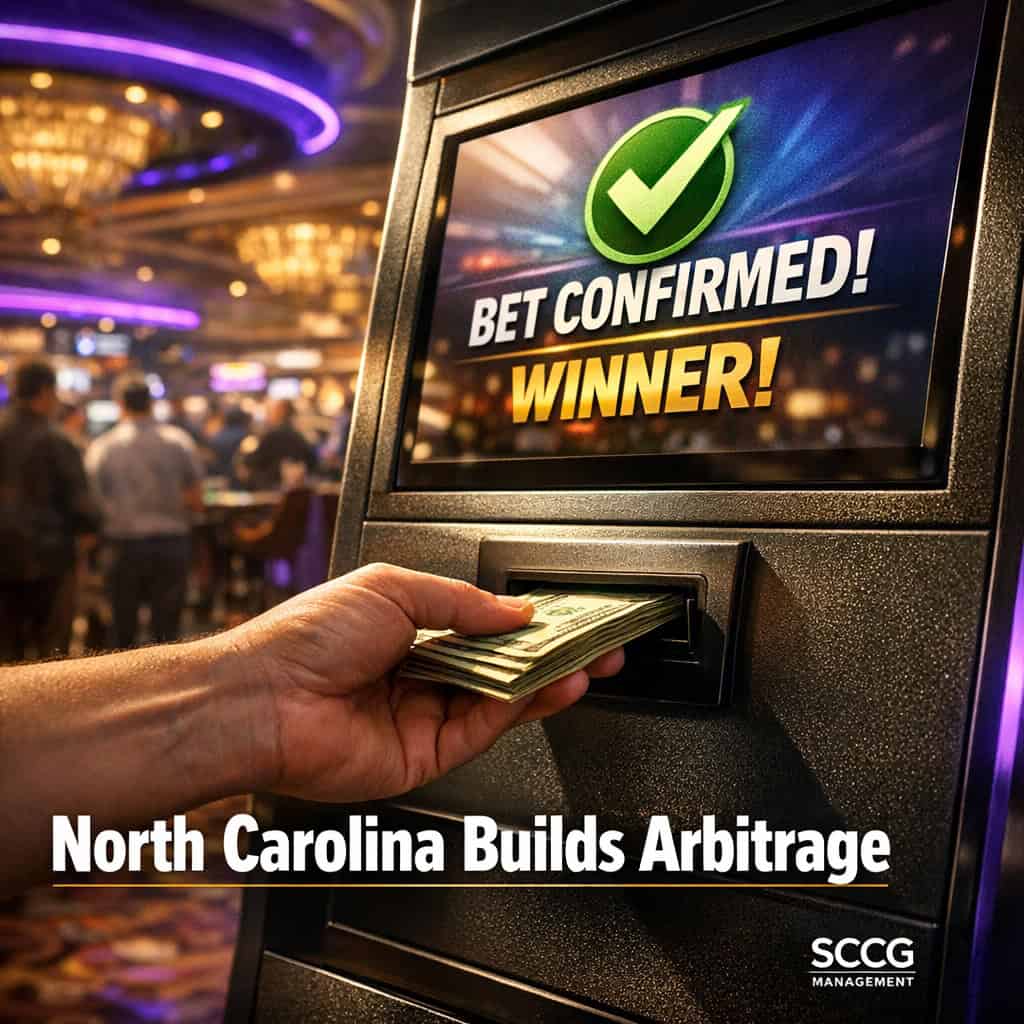 Hand feeding cash into a self-service betting terminal displaying a successful wager on a lively casino floor.