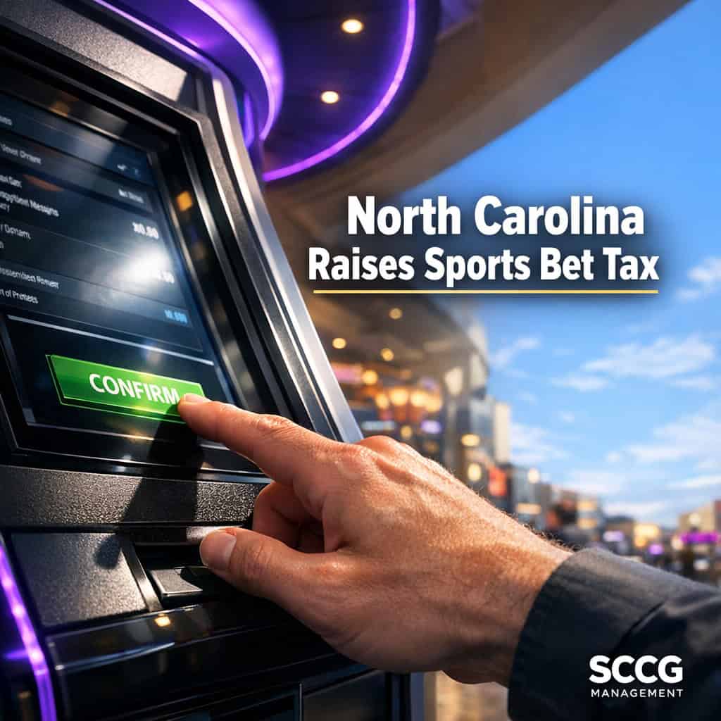 Hand confirming a sports bet on a self-service terminal in a bright casino concourse as North Carolina raises sports bet tax.