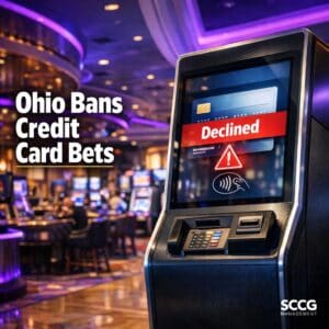 Self-service betting kiosk displaying a declined credit card payment on its screen inside a vibrant casino concourse.