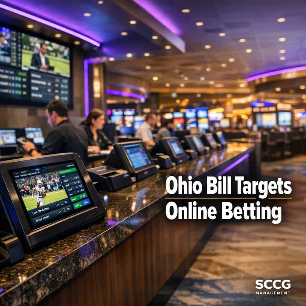 Active sportsbook counter on a busy casino floor with glowing betting terminals displaying live sports betting interfaces.