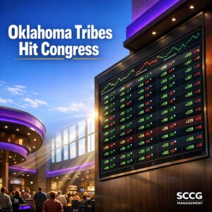 Glowing sportsbook odds board displaying prediction market contracts inside a bright busy Oklahoma tribal casino.